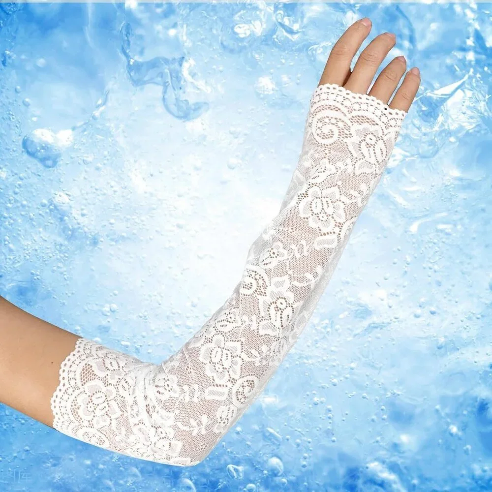 Women's Floral Design Lace Fabric White Gloves Elbow Length Sleeves Fingerless
